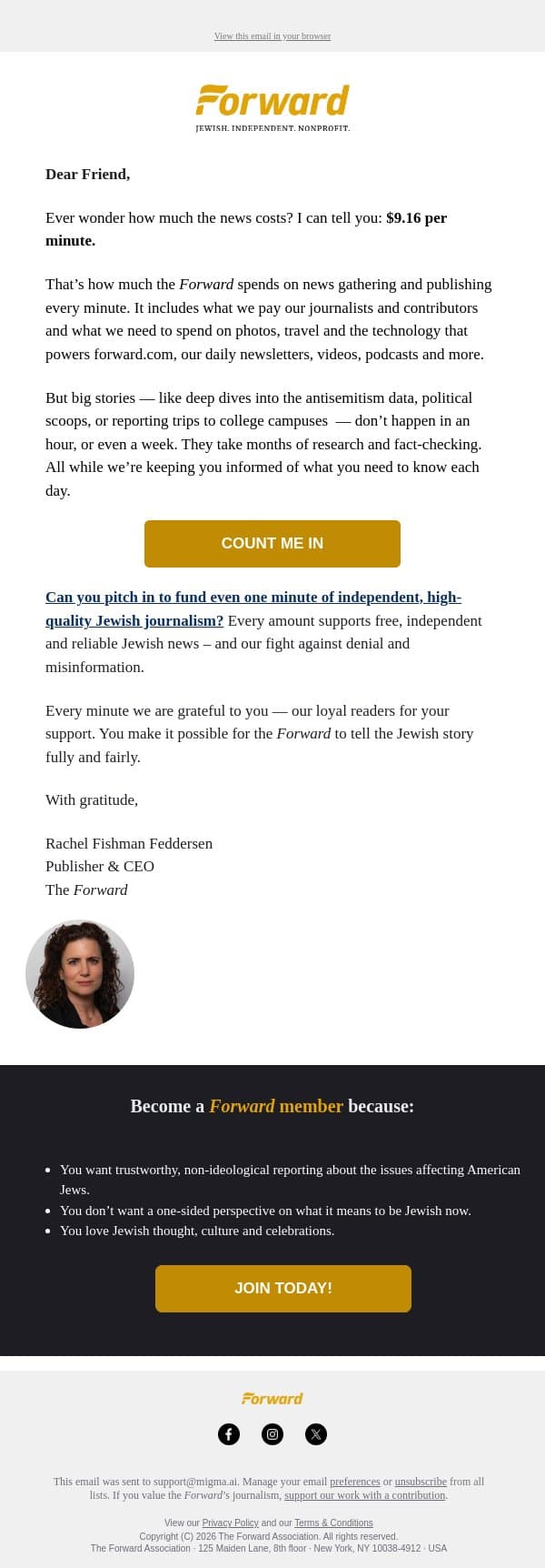 Defend Jewish news email from Forward screenshot