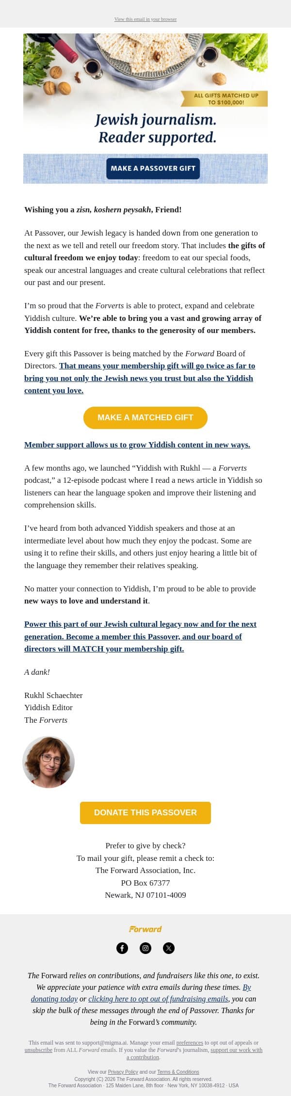 Support Yiddish language and culture email from Forward screenshot
