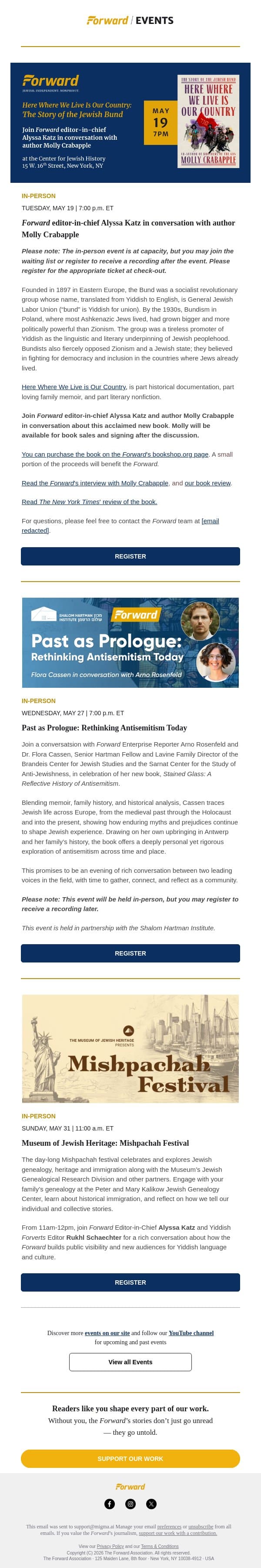Molly Crabapple book talk, Rethinking Antisemitism, & more events email from Forward screenshot