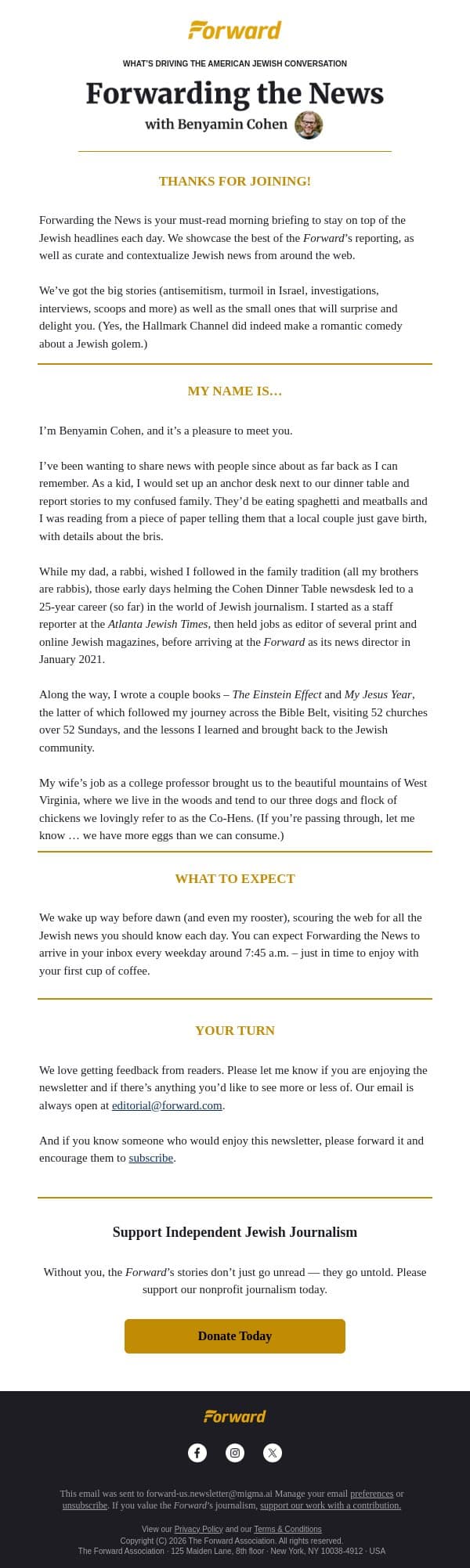 Welcome to Forwarding the News email from Forward screenshot