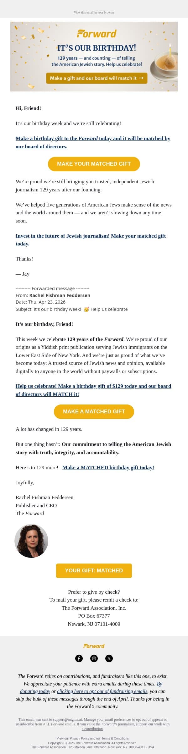 We’re still celebrating 🥳 email from Forward screenshot
