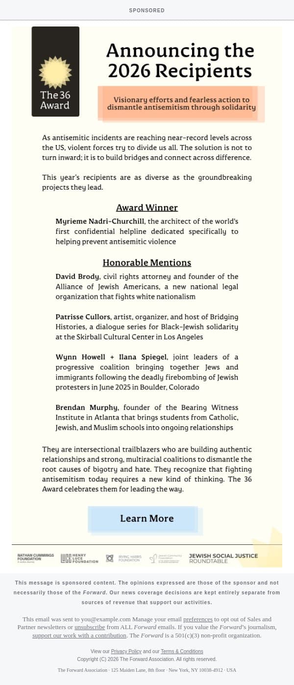 [Sponsored] Announcing: Recipients of The 36 Award! Solidarity Combats Hate [Sponsored by The 36 Award] email from Forward screenshot