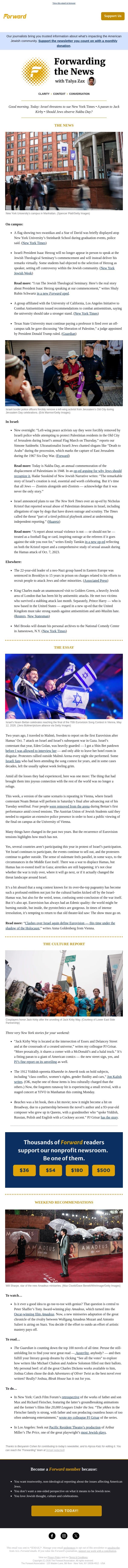 Swastika flag at NYU + Ultranationalists march in Israel + The surreal politics of Eurovision email from Forward screenshot