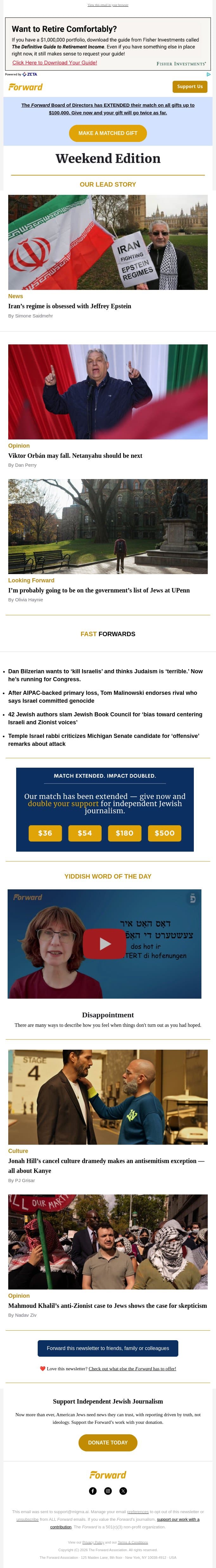 Iran’s regime is obsessed with Jeffrey Epstein • If Orbán falls, Netanyahu might follow (Opinion) • Life on the UPenn List of Jews email from Forward screenshot