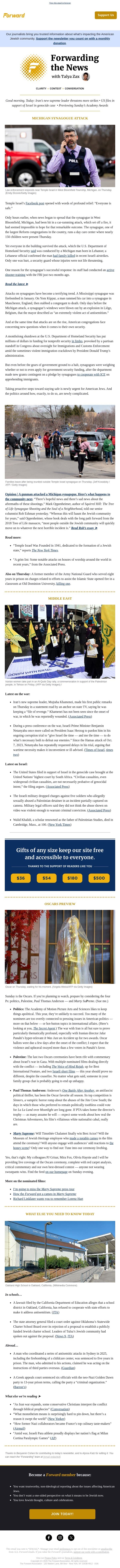 Michigan synagogue attack puts spotlight on stalled federal security funding email from Forward screenshot