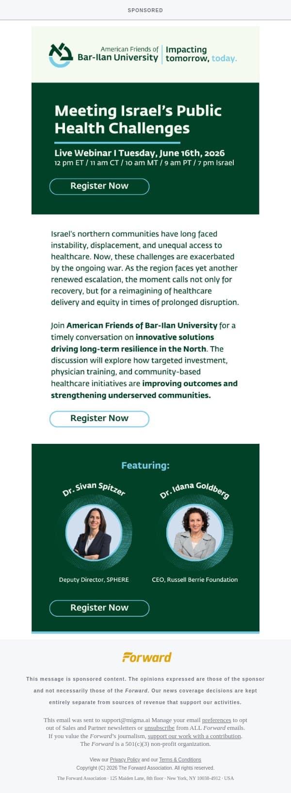 [Sponsored] Wartime Healthcare in Israel: Challenges and Solutions [Sponsored by AFBIU] email from Forward screenshot