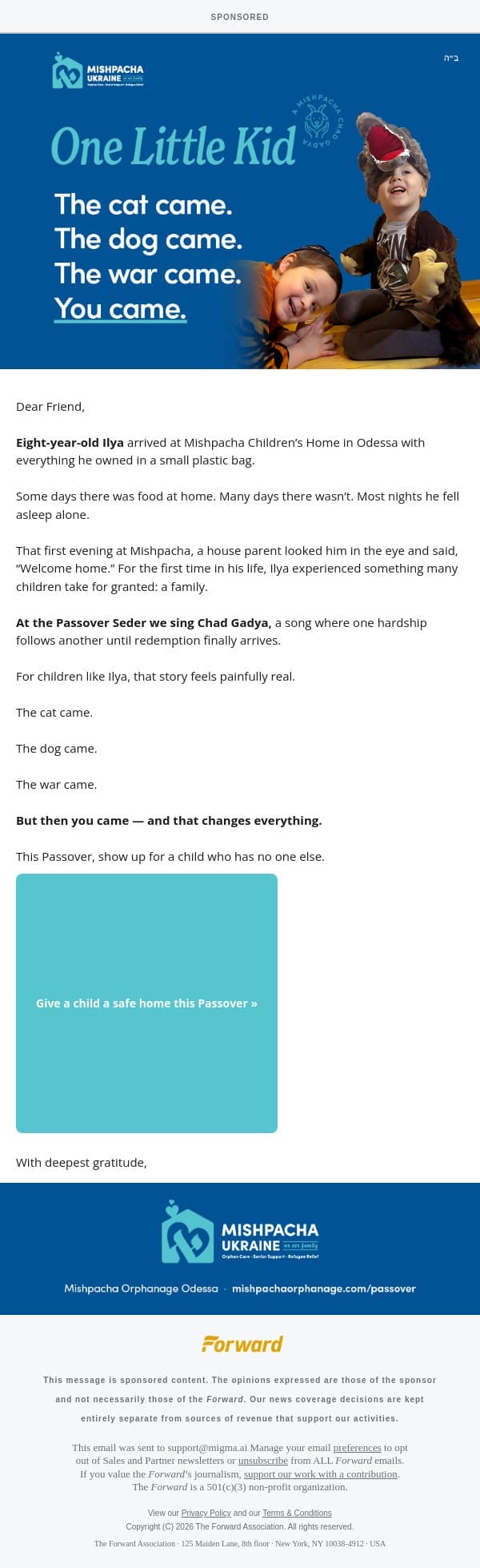 [Sponsored] The war came. Then you came [Sponsored by Mishpacha Ukraine] email from Forward screenshot