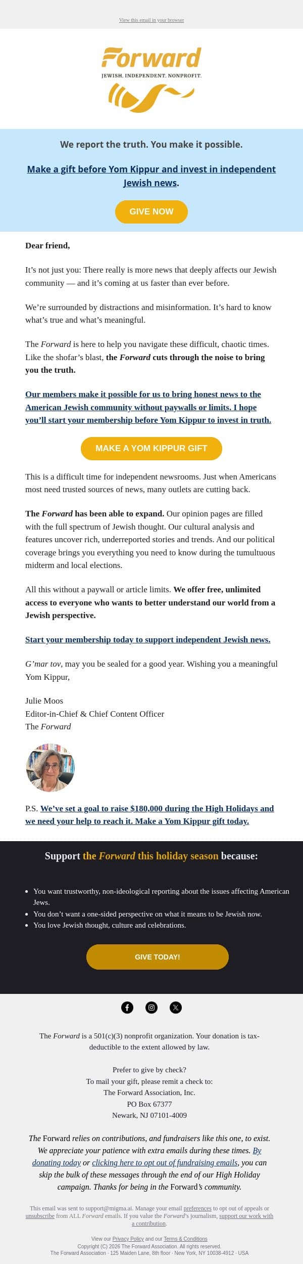 Donate to the Forward before Yom Kippur email from Forward screenshot