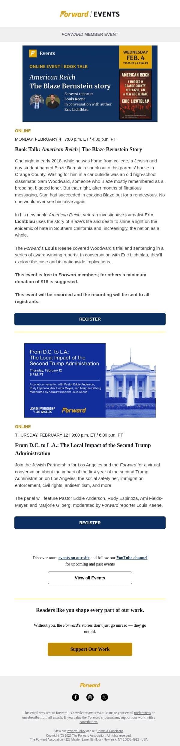 "American Reich" book talk and more events email from Forward screenshot