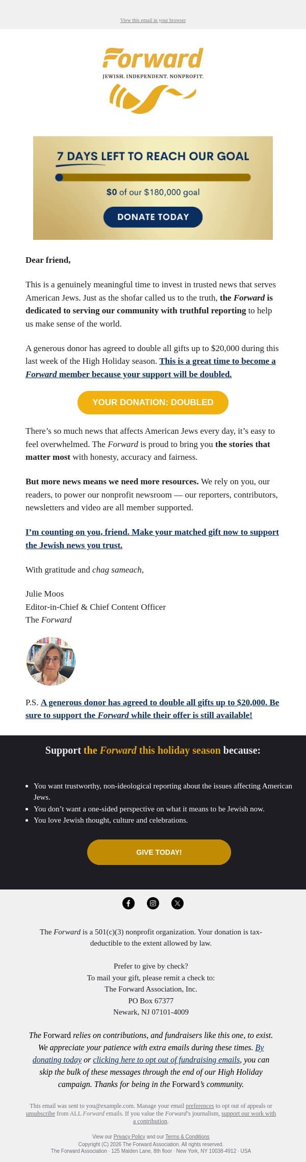 A donor would like to double your gift, friend. email from Forward screenshot