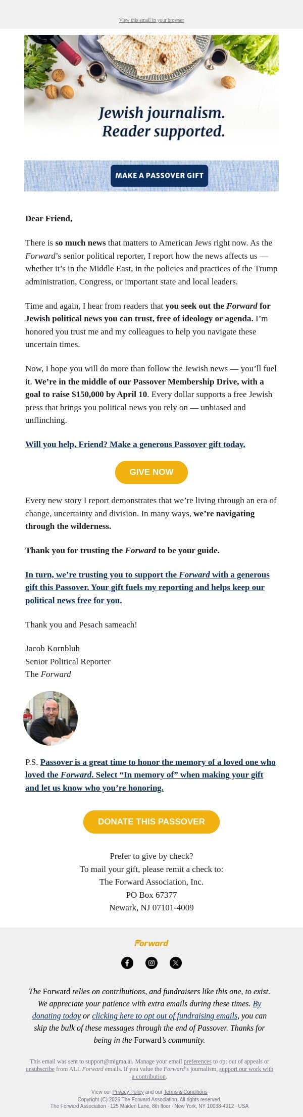Support Jewish news with no agenda email from Forward screenshot