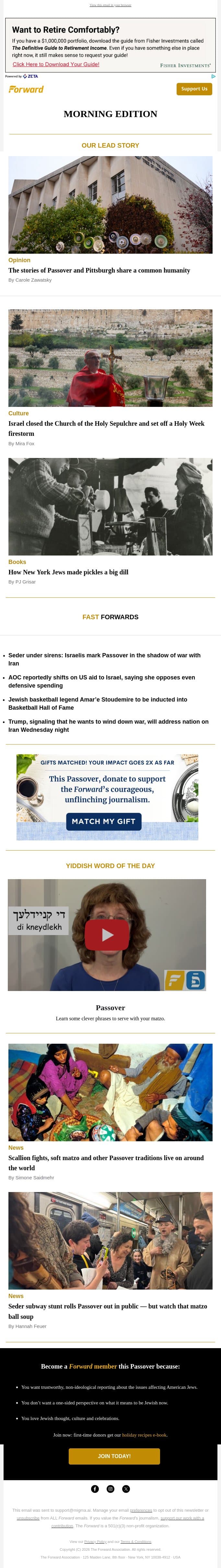 What Passover means in Pittsburgh (Opinion) • Holy Week firestorm threatens Christian-Jewish unity • Why Jewish pickles are a big dill email from Forward screenshot