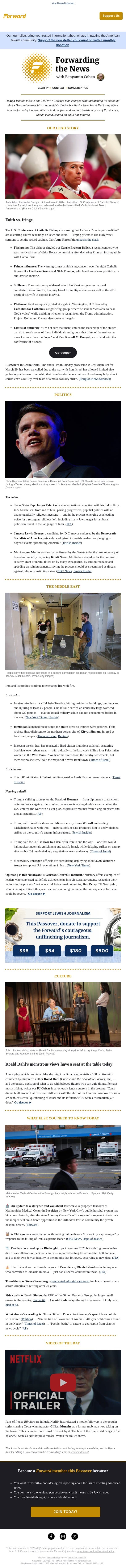 Antisemitic Catholic influencers slammed by bishops ahead of Easter email from Forward screenshot