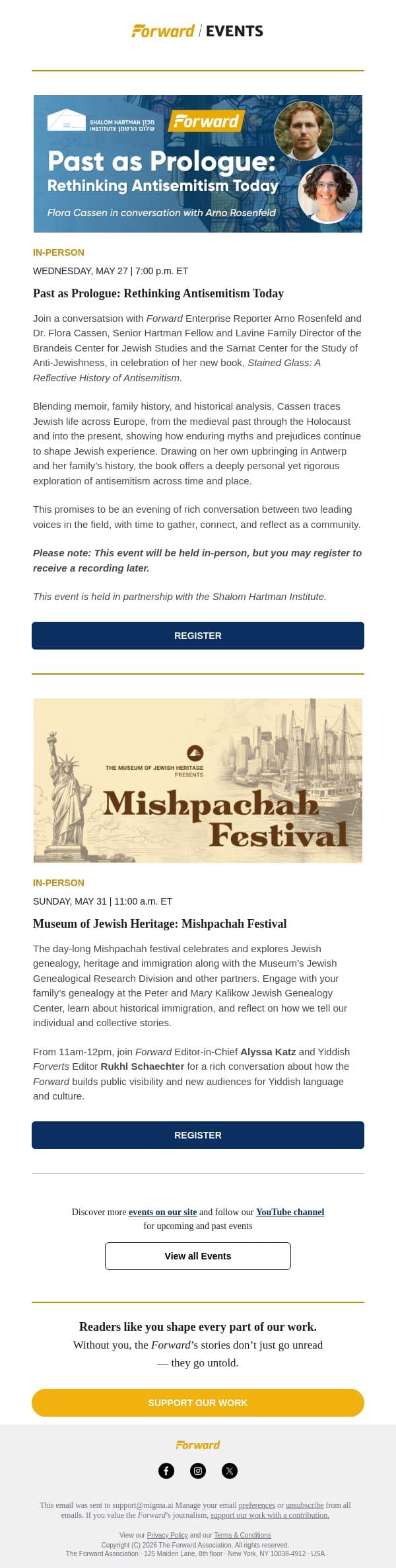 Join our upcoming events: Rethinking Antisemitism, Mishpachah Festival & more email from Forward screenshot