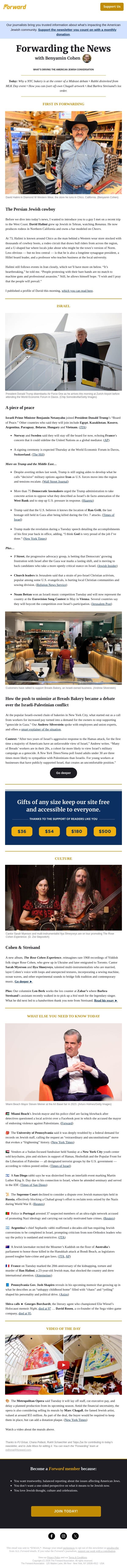 Shapiro’s chaotic childhood • Netanyahu on Trump’s ‘Board of Peace’ • The Persian Jew who runs a rodeo empire email from Forward screenshot