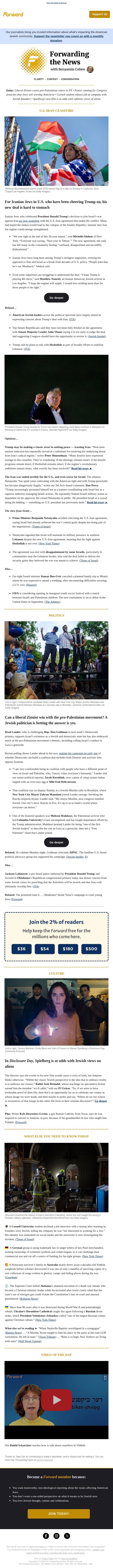 Iranian Jews in U.S. cheered Trump’s war. Now many are disillusioned. email from Forward screenshot
