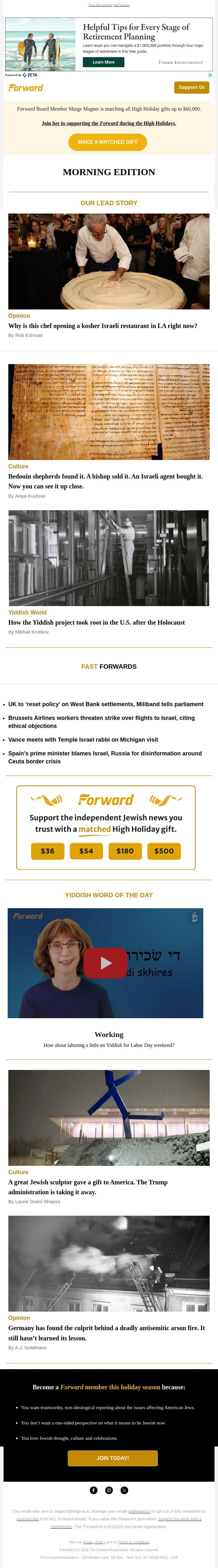 A kosher Israeli restaurant arrives in L.A. • How Yiddish took root in America • Don’t miss this exhibit in Israel email from Forward screenshot