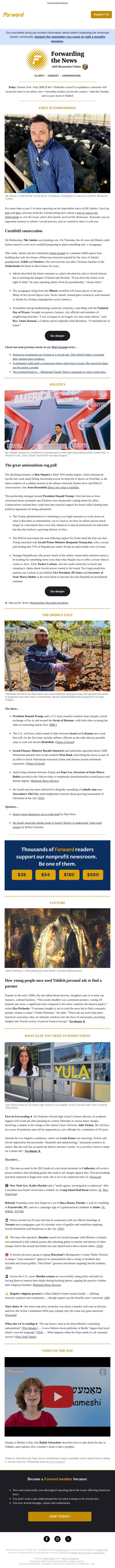 Jewish farmer breaks ground on synagogue in cornfield 🧑‍🌾🌽🕍 email from Forward screenshot