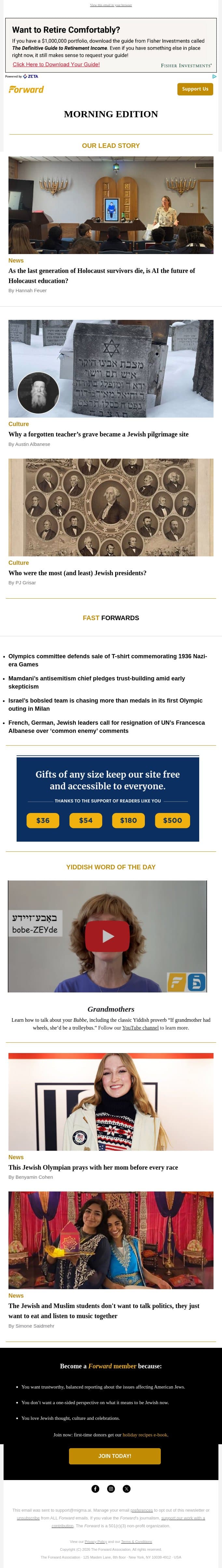 Why AI may be the future of Holocaust education • The Olympics is selling a Nazi T-shirt • The most (and least) Jewish presidents email from Forward screenshot