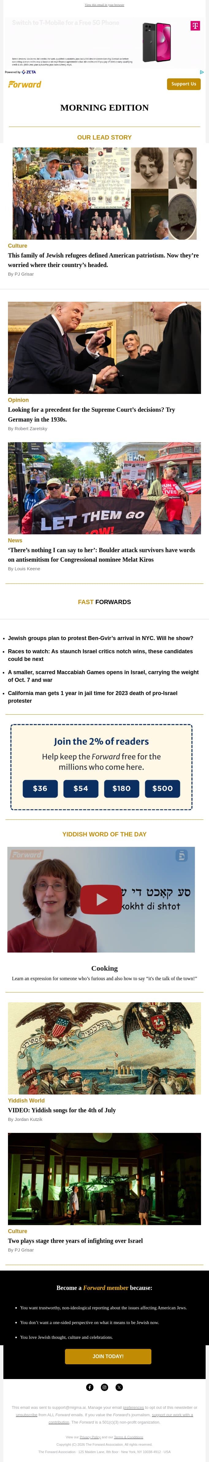 A foundational American Jewish family speaks • Nazi Germany’s precedent for the Supreme Court (Opinion) • Yiddish songs for July 4 email from Forward screenshot