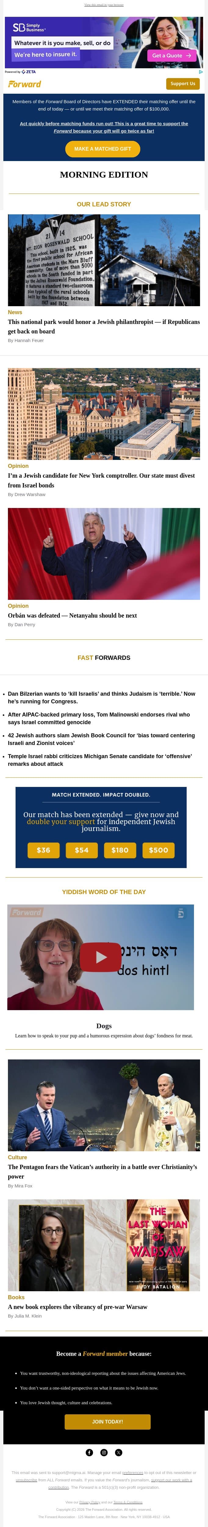 A Jewish legacy in Black education imperiled • New York must divest its Israel bonds (Opinion) email from Forward screenshot