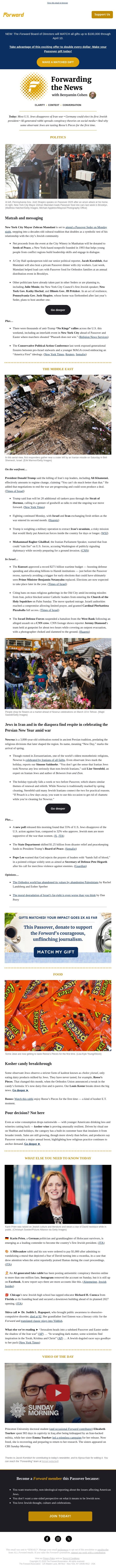 Mamdani to attend Seders • Iranian Jews celebrate Persian New Year email from Forward screenshot