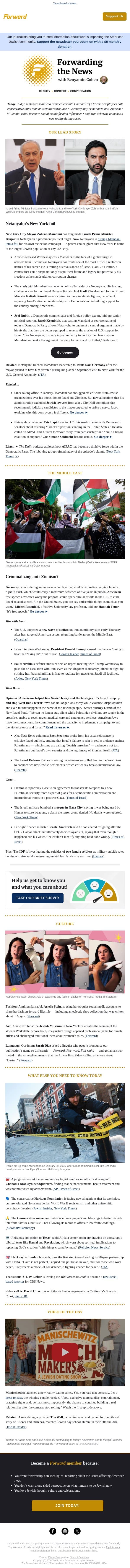 How Mamdani became Netanyahu’s most convenient political enemy email from Forward screenshot