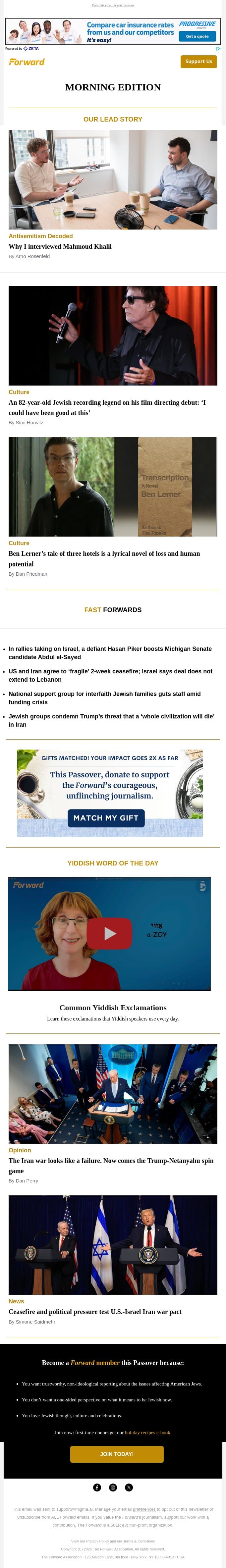 Why Jews should hear what Mahmoud Khalil has to say • At 82, Jewish recording legend becomes a director email from Forward screenshot