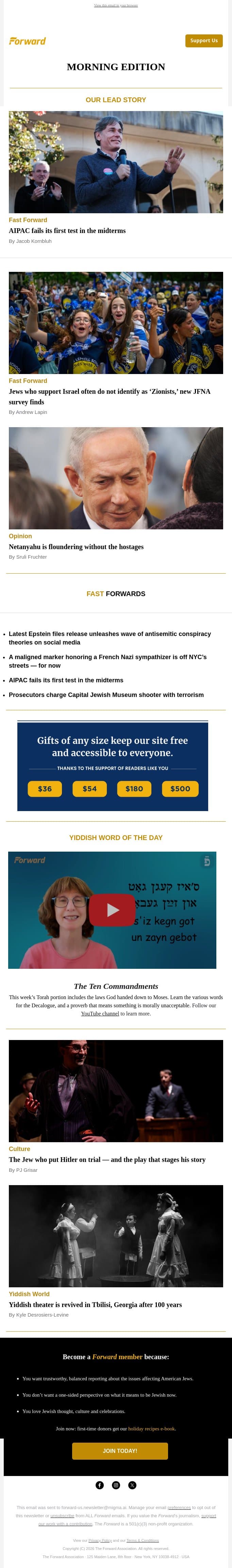 AIPAC fails midterms • They support Israel, but don't call them Zionists • What's next for Netanyahu without hostages? (Opinion) email from Forward screenshot