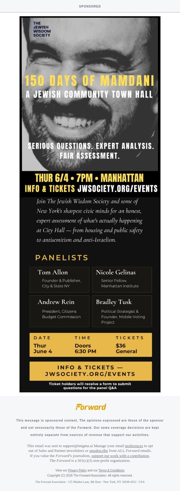 [Sponsored] LIVE EVENT: 150 DAYS OF MAMDANI [Sponsored by JWSociety.org] email from Forward screenshot