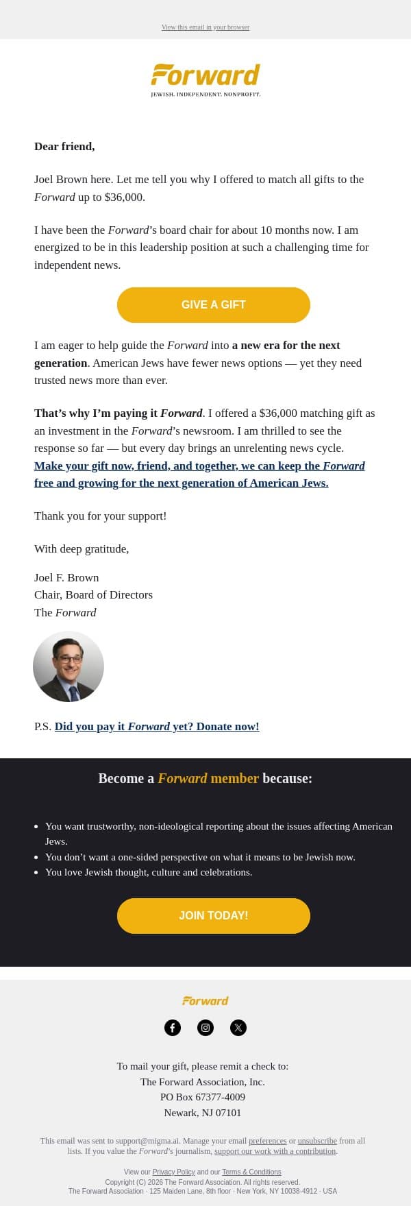 What this match means to me email from Forward screenshot