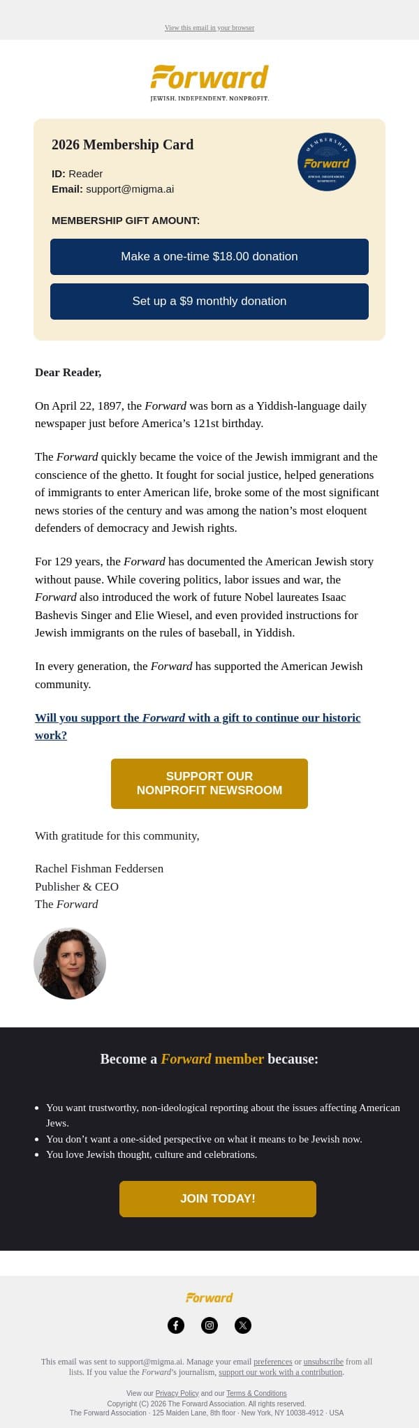 Support our historic mission email from Forward screenshot