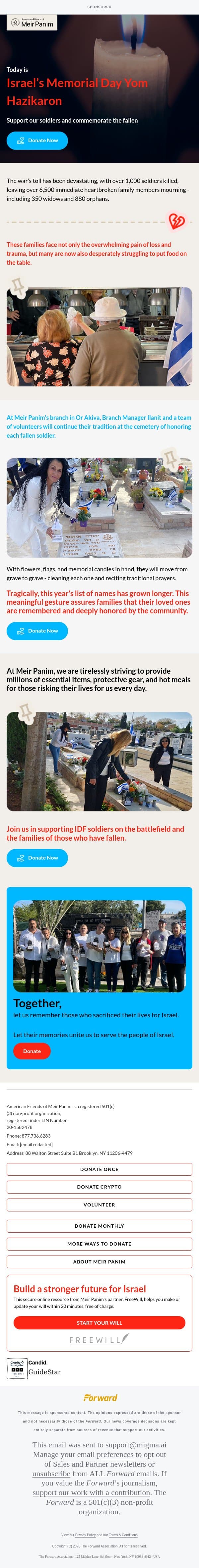 [Sponsored] Today, We Stand With Israel’s Fallen [Sponsored by Meir Panim] email from Forward screenshot