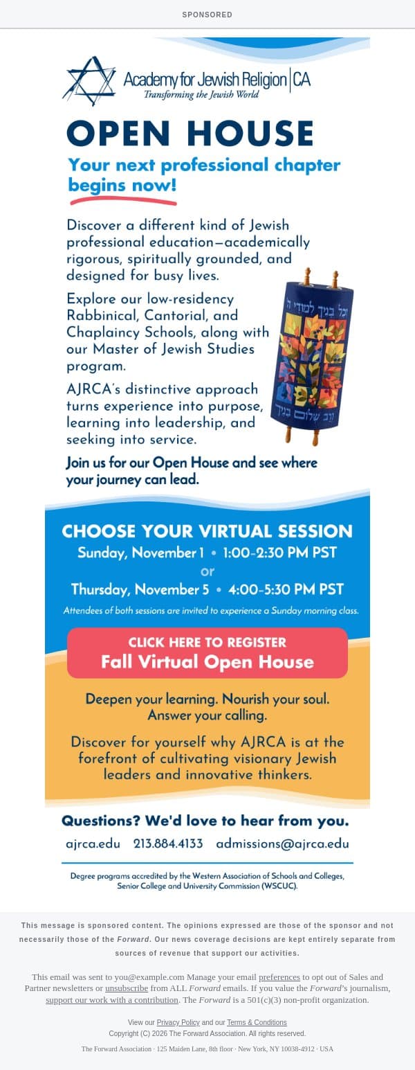[Sponsored] Make what's next matter. Register today. [Sponsored by Academy for Jewish Religion] email from Forward screenshot