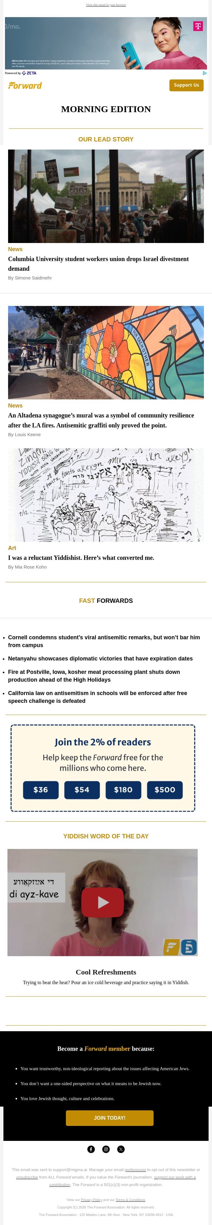 Columbia's union says never mind on divestment • A mural unites Altadena • Conversion at Yidstock email from Forward screenshot