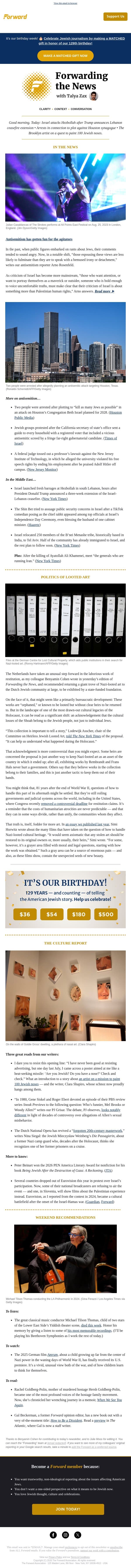Antisemitism has gotten fun for the agitators + The continuing puzzle of Nazi-looted art email from Forward screenshot