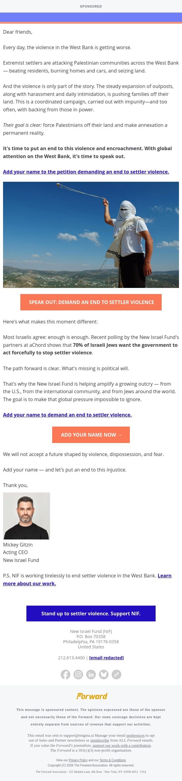 [Sponsored] Add your name: End settler violence now [Sponsored by New Israel Fund] email from Forward screenshot