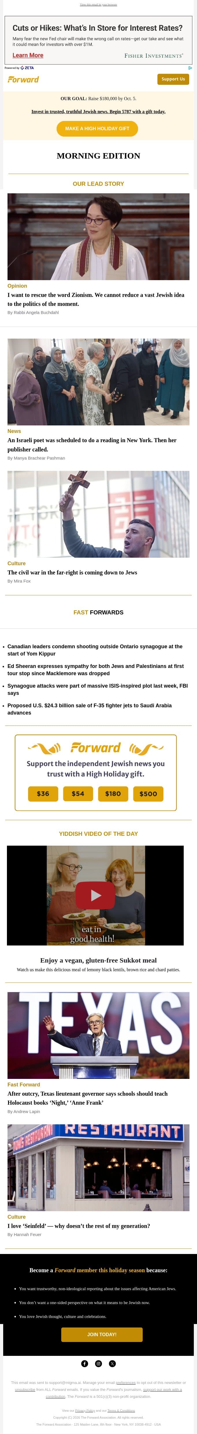'I want to rescue the word Zionism' (Opinion) • The war on the far-right is coming for Jews • Ed Sheeran performs first post-Macklemore show email from Forward screenshot