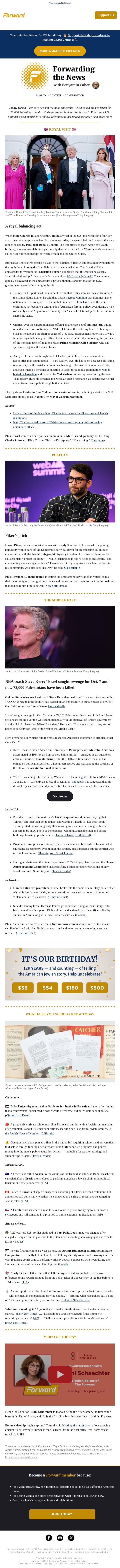 God save the King: Israel, Iran war stress Charles and Trump ‘special relationship’ email from Forward screenshot