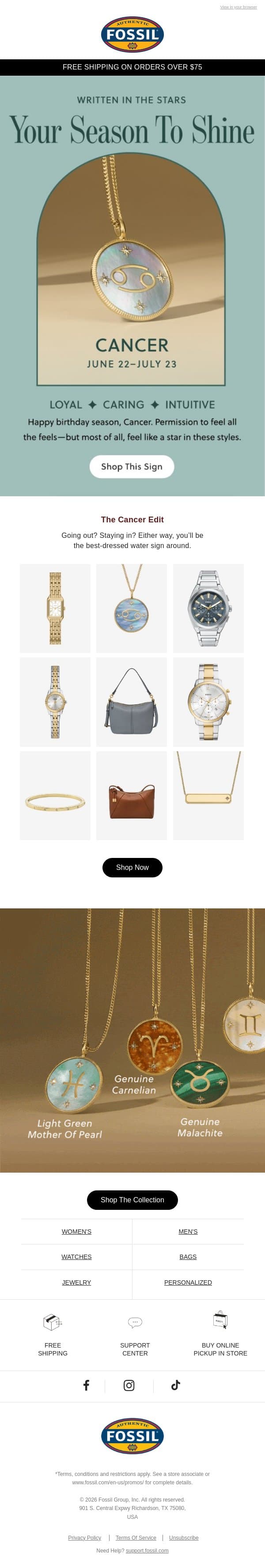 ♋ The stars say it’s Cancer season 💫 email from Fossil screenshot