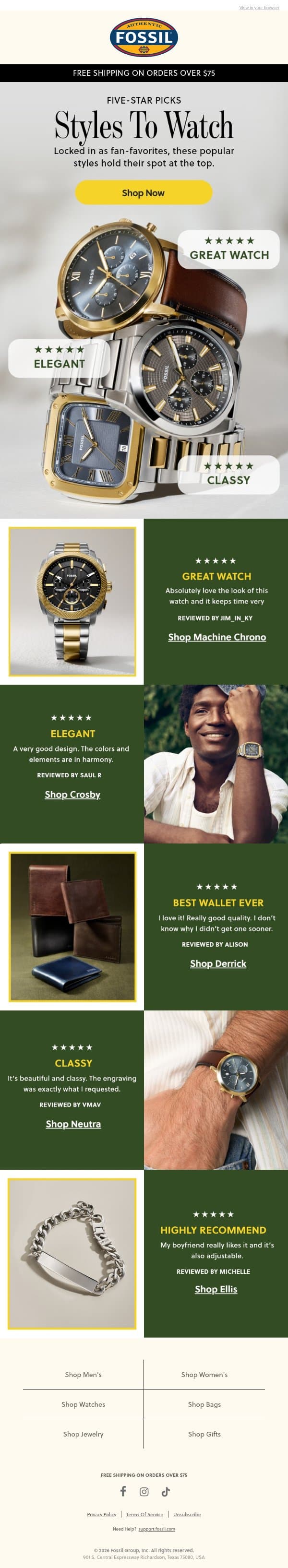His Five-Star Lineup email from Fossil screenshot
