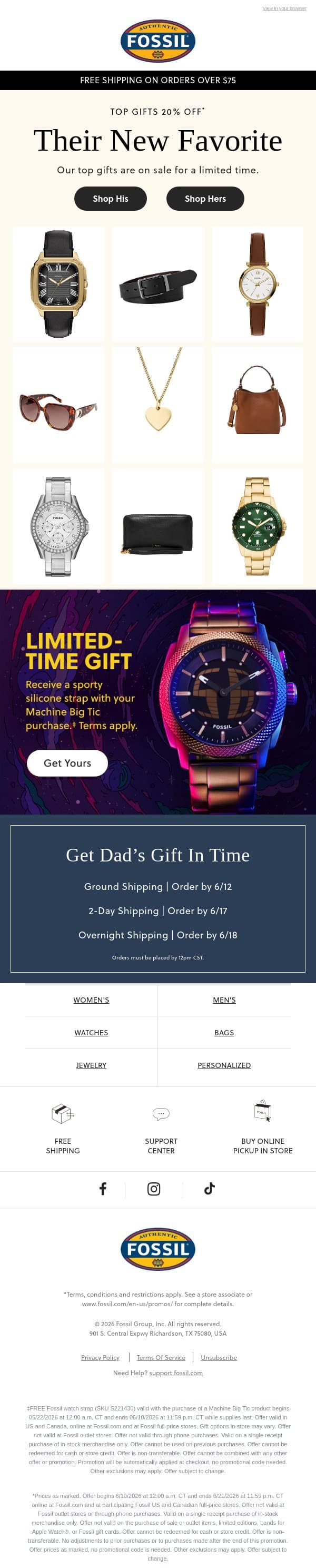 20% Off Select Styles Starts Now email from Fossil screenshot