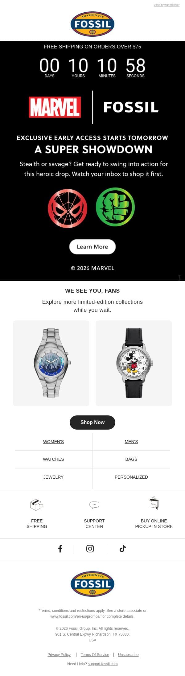 Is your Spidey tense tingling? 🕷️ email from Fossil screenshot