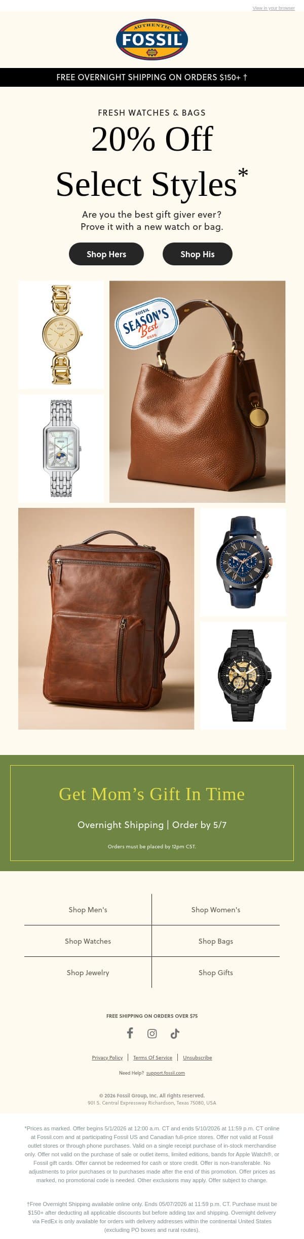 20% Off Select Watches & Bags For Spring email from Fossil screenshot