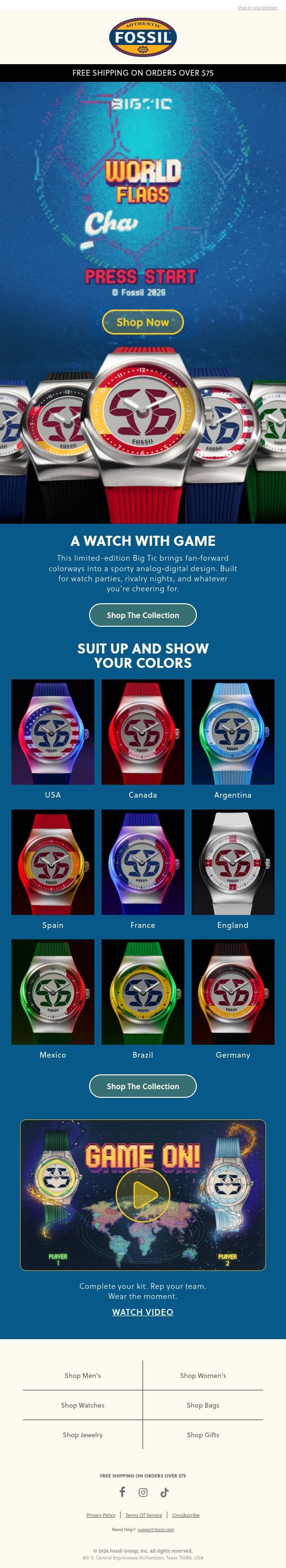 GAME ON: WORLD FLAGS BIG TIC π email from Fossil screenshot