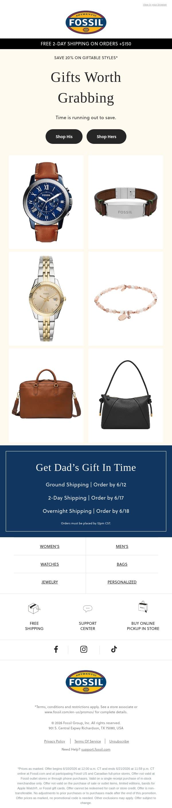 Hurry For Up To 20% Off Select Gifts. email from Fossil screenshot