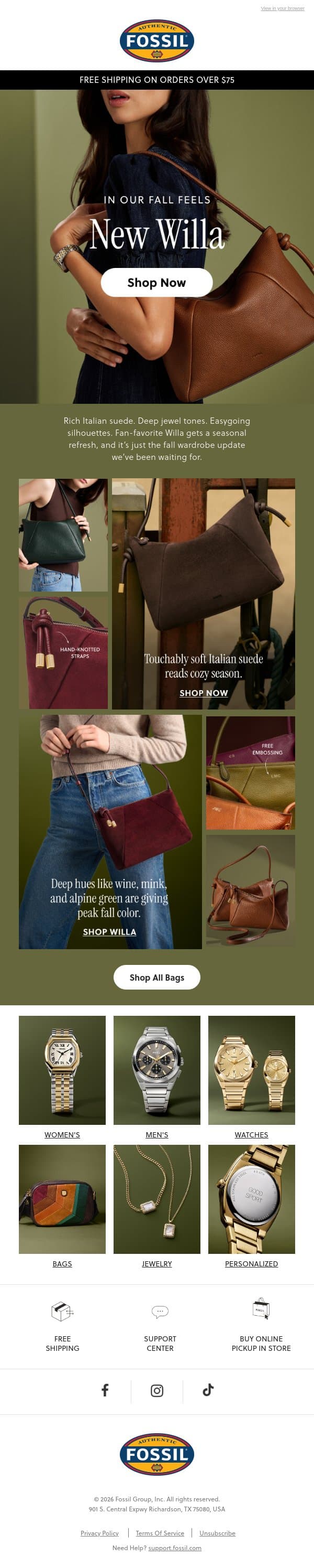 Fall looks good on Willa 👜 email from Fossil screenshot