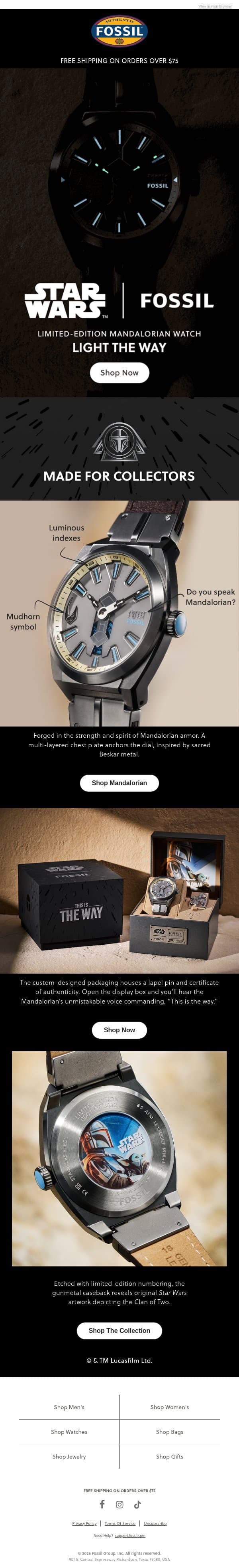 LIMITED-EDITION MANDALORIAN WATCH 🛡️ email from Fossil screenshot