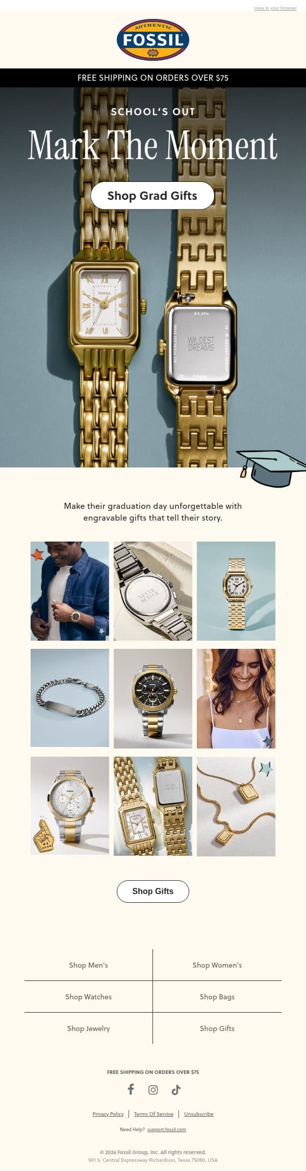 Celebrate Your Grad’s Big Day 🎓 email from Fossil screenshot