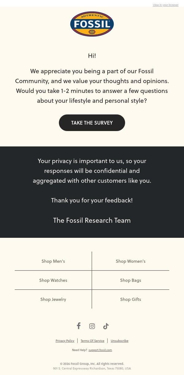 Help shape future trends! email from Fossil screenshot